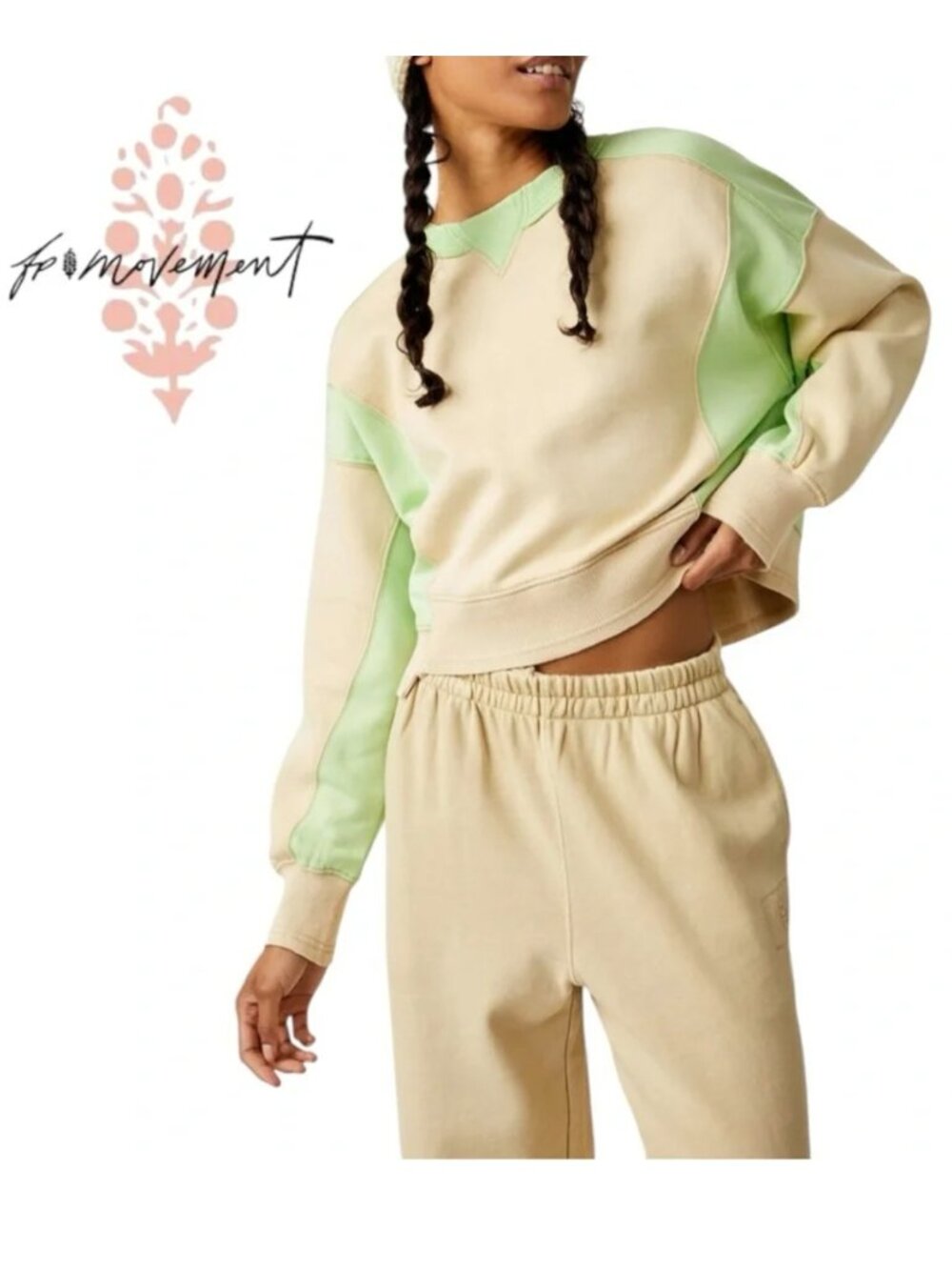 FP Movement Sweatshirt Medium Colorblock Free People Pullover Beige Green Oversi